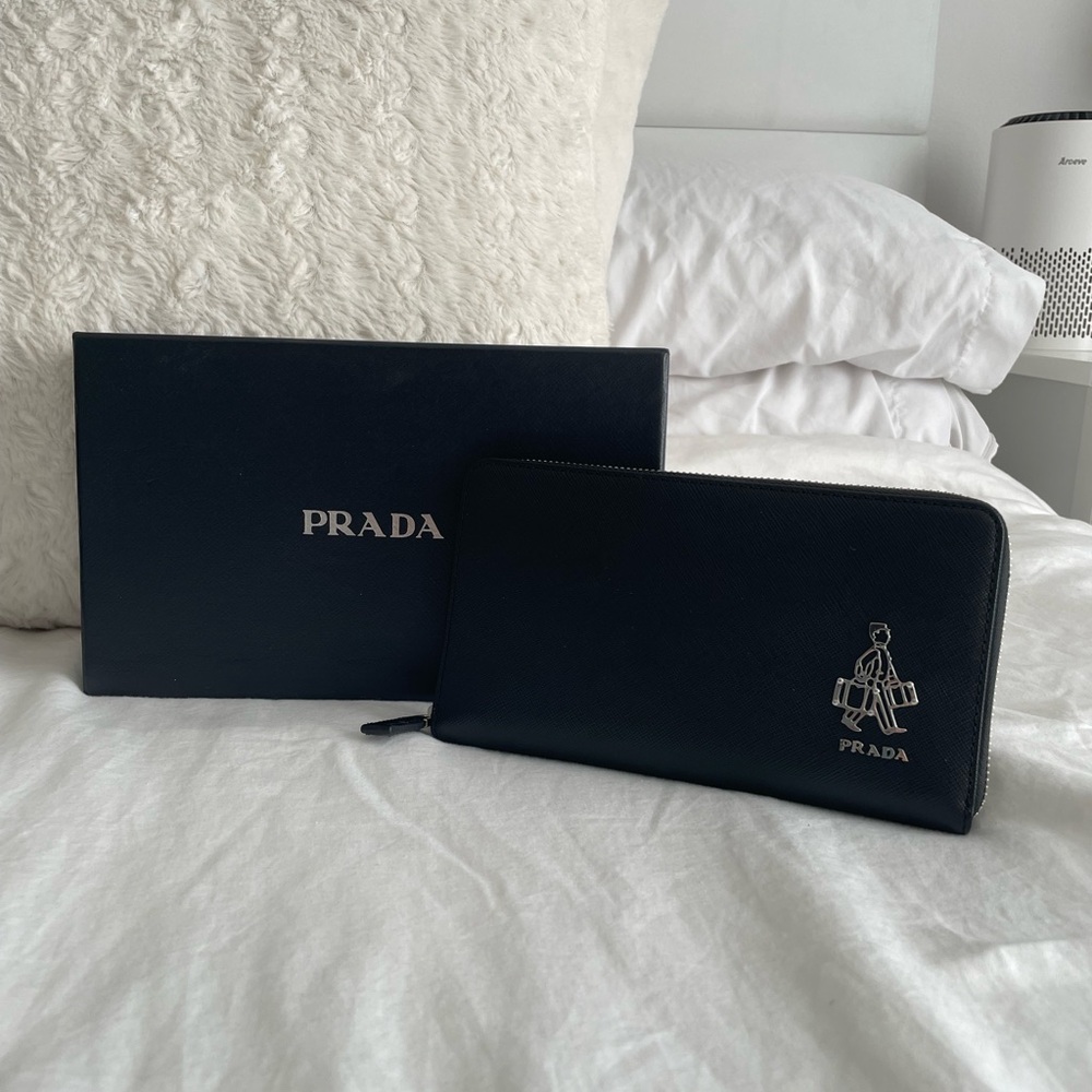 Prada Black Saffiano Leather Zip Around Wallet Silver Hardware NWT
